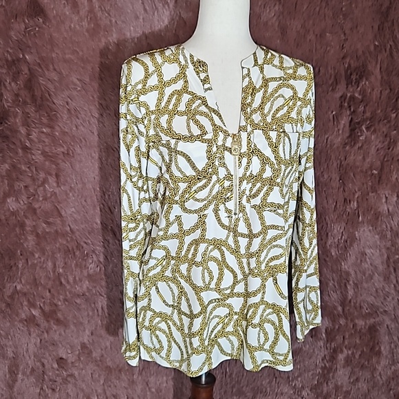 MICHAEL Michael Kors Tops - MICHAEL KORS Gold Chain Long Sleeve V-Neck Half Zip